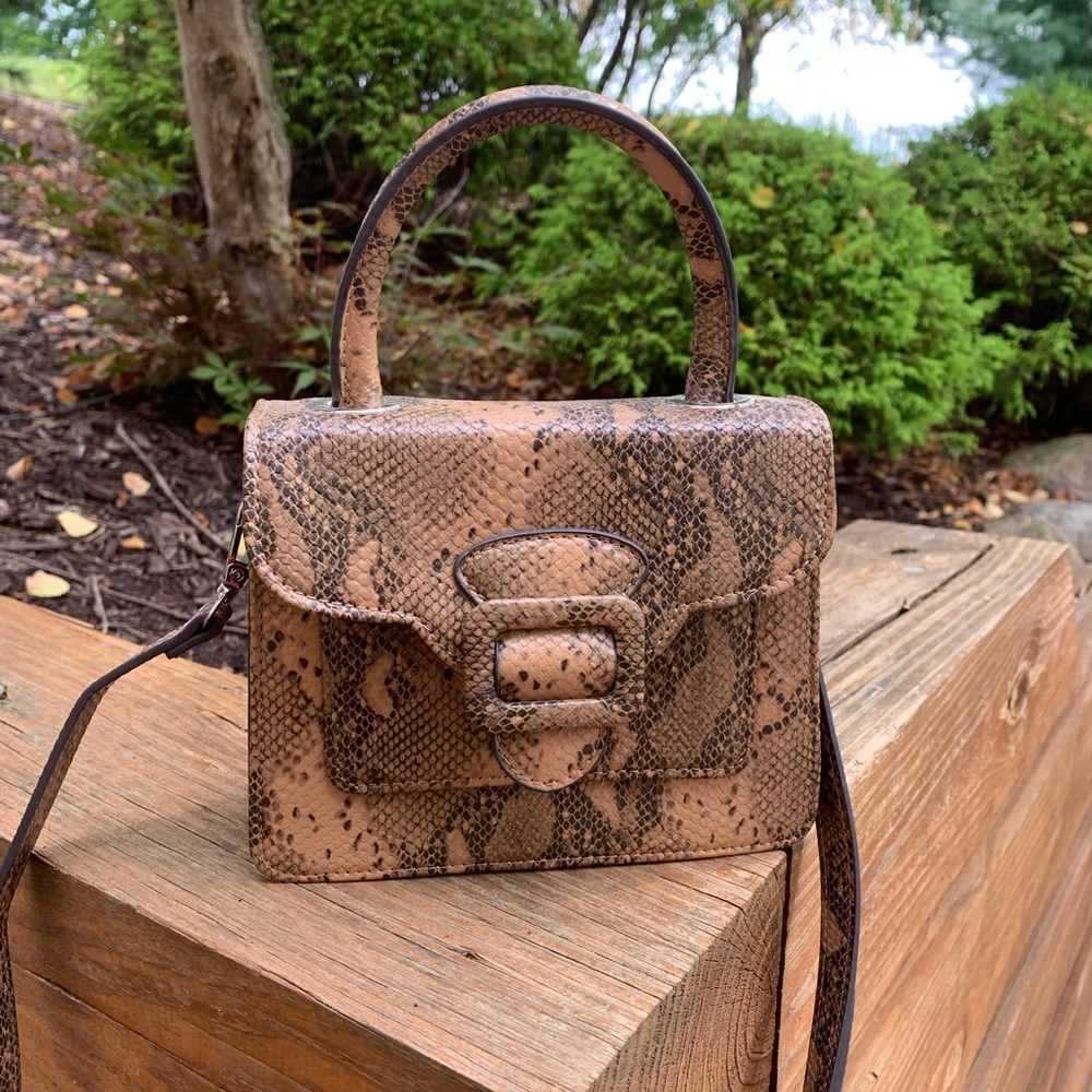 Brown snakeskin mini top handle bag